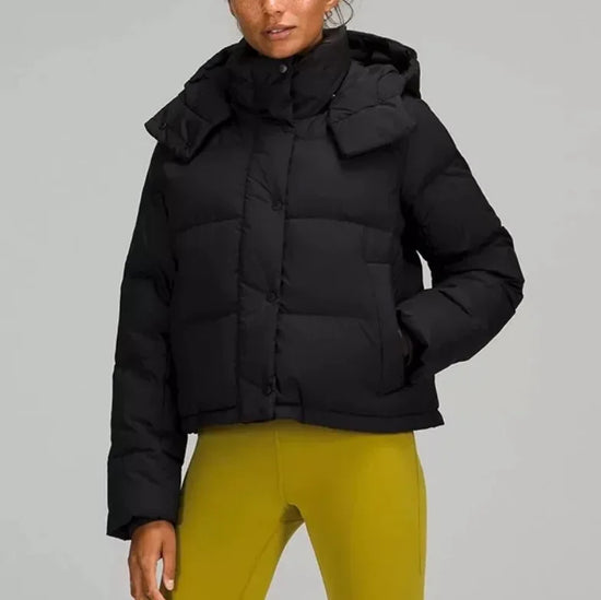 High Quality LULU Puff Duck down Short Coat Detachable Hooded Jacket Thick Winter Coat Long Sleeve Snowy Fabric